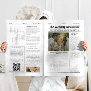 May include: A wedding announcement in the style of a vintage newspaper. The headline reads "The Wedding Newspaper: The Beginning of Forever." The announcement includes a photo of the couple, a crossword puzzle, and a note about gifts. The text also includes the date, time, and location of the wedding.