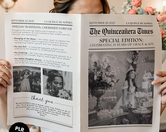 Quinceañera Newspaper Canva Template, Personalized Sweet 15 Announcement, Editable Invitation for Celebration, Save the Date, Customizable
