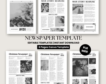 May include: A collection of six black and white Christmas newspaper templates. Each page features a different layout with headlines, subheadings, and image placeholders. The text "Christmas Newspaper" is at the top of each page. The template is for instant download.