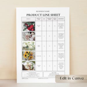 Könnte beinhalten: Ein Produktlinienblatt mit dem Text "PRODUCT LINE SHEET" und "BUSINESS NAME" oben. Das Blatt enthält Produktbilder, Namen und Beschreibungen. In der unteren rechten Ecke steht der Text "Edit in Canva".