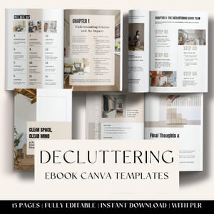 Puede incluir: Un libro abierto titulado "Decluttering Ebook Canva Templates" muestra páginas sobre el orden. El contenido incluye capítulos, pasos y consejos para despejar espacios y mejorar la claridad mental. El libro tiene 15 páginas.