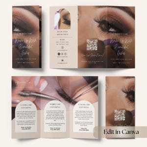May include: A promotional brochure for a lash studio, with the text "Wake Up With Beautiful Lashes." It details classic, hybrid, and volume lash extensions, including pricing and time estimates. The design features images of eyes with long, enhanced lashes.