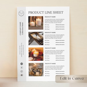 May include: A product line sheet with candle product photos. The sheet includes the company name, collection name, contact information, and social media icons. The text "Edit in Canva" is in the bottom right corner.