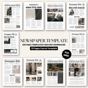 以下が含まれることがあります： Canva 用の新聞テンプレート 10 個セット。テンプレートは、白黒のテキストと画像でヴィンテージスタイルにデザインされています。テンプレートは編集可能で、ニュースレター、雑誌、パンフレットの作成など、さまざまな目的で使用できます。