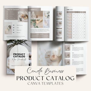 Plantilla de Canva para catálogo de velas, hoja de línea y lista de precios para negocios de velas artesanales, lookbook editable, tamaños A4 y carta estadounidense.