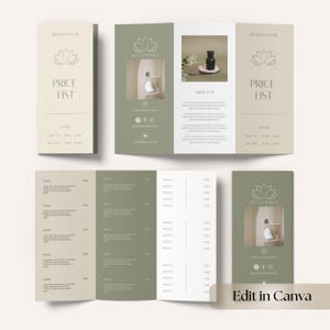 Op de afbeelding: Een brochure met prijslijst voor een spa, met een lotusbloemlogo en de tekst "PRICE LIST". Het ontwerp gebruikt groene en beige tinten, met afbeeldingen en tekst. De brochure wordt open en dicht getoond.