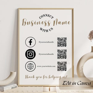 Social Media Sign Canva Template, QR Code Sign, Editable Small Business Sign Printable, Instagram Facebook Follow Us Sign,
