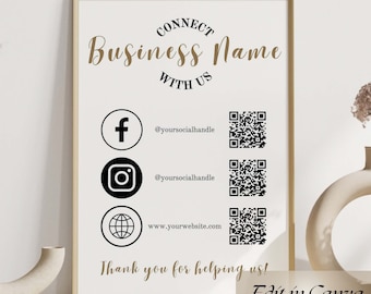 Social Media Sign Canva Template, QR Code Sign, Editable Small Business Sign Printable, Instagram Facebook Follow Us Sign,