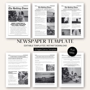 May include: A black and white newspaper template with six pages. The headlines include "The Holiday Times" and "Merry Christmas & Happy New Year." The template is editable and available for instant download.