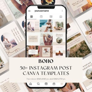 May include: A set of 50+ Instagram post templates in a boho style. The templates are designed for use with Canva and are available in two sizes: 1080x1080 pixels and 1080x1350 pixels. The templates feature a variety of designs, including floral patterns, geometric shapes, and text overlays.