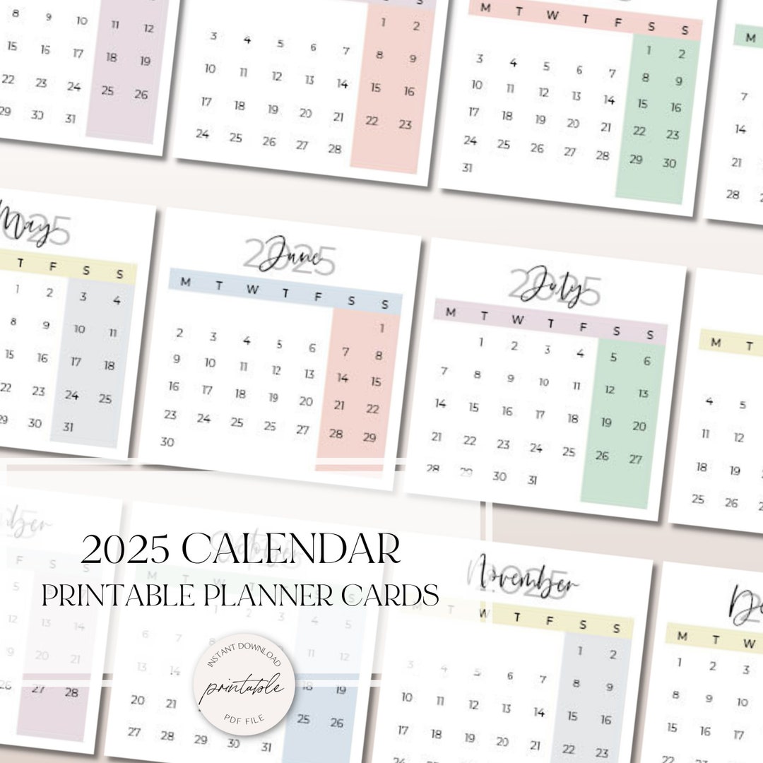 2025 Yearly Calendar Planner Cards Sunday and Monday Start Colorful