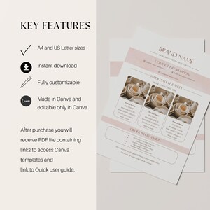 May include: A light pink and white document with the text "KEY FEATURES" and "BRAND NAME". The document includes a wholesale line sheet with product images and order information. The document is available in A4 and US Letter sizes and is an instant download.