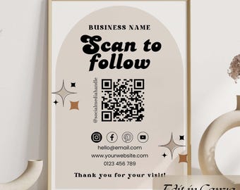 Retro Social Media Sign Canva Template, QR Code Sign, Follow Us On Social Media, Small Business Sign, Printable Sign, Scan to follow