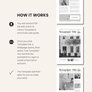 May include: A black and white image showing how to use a Canva template. The image shows a download icon, a Canva logo, a tick, and three newspaper mockups with the text "Newspaper Title" and "Advertisement".