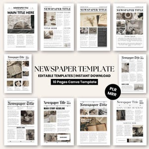 Può includere: Un set di 10 modelli di giornale stampabili in stile vintage. I modelli sono progettati per l'uso in Canva e presentano una combinazione di colori marrone e bianco con immagini di libri, fiori e tazze da caffè. Il testo "NEWSPAPER TEMPLATE" è visualizzato in un carattere grande nella parte superiore dell'immagine.