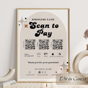 以下が含まれることがあります： レトロなフォントで「Scan to Pay」と書かれたベージュと茶色のポスター。ポスターには、Cash App、Venmo、PayPalのQRコードが掲載されています。また、現金、カード、Apple Pay、Google Payなど、その他の受け入れられている支払い方法も記載されています。ポスターには「お買い上げありがとうございます！」というテキストと会社名も記載されています。