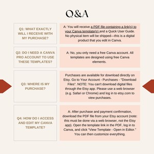 May include: A Q&A document with a light pink background and dark brown accents. The document contains four questions and answers about a digital product, including how to access and edit Canva templates. The text is in a clear, easy-to-read font.