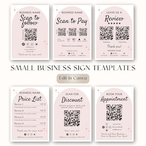Könnte beinhalten: Eine Sammlung von rosa-weißen Vorlagen für Schilder für kleine Unternehmen. Die Schilder bieten Optionen zum Scannen zum Folgen, Bezahlen und Hinterlassen einer Bewertung. Weitere Schilder bieten Preislisten, Rabatte und Terminbuchungen.