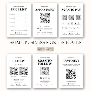 Puede incluir: Seis plantillas de carteles en blanco y negro para pequeñas empresas. Cada plantilla presenta un código QR y texto como "Lista de precios", "Cita", "Escanear para pagar", "Revisión", "Escanear para seguir" y "Descuento".