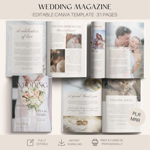 May include: A wedding magazine template with a white background. The magazine features photos of a couple, wedding rings, and floral arrangements. Text includes "WEDDING MAGAZINE", "EDITABLE CANVA TEMPLATE", and "A celebration of love".