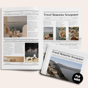 May include: A travel journal with a white background and black text. The journal has a title that reads "Travel Memories Newspaper" and a subtitle that reads "A Collection of Our Most Cherished Adventures". The journal features a photo of a white building with a blue roof and a body of water in the background.