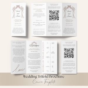 Op de afbeelding: Een witte trouwfolder met roségouden accenten. De folder bevat de namen "Emily en James", huwelijksdetails en een tijdlijn van evenementen. Het bevat ook een "Welkom"-bericht en QR-codes.