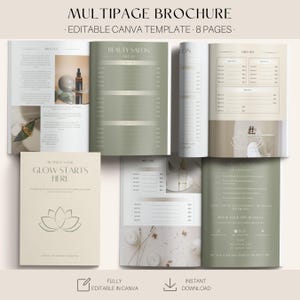 Op de afbeelding: Een meerpagina brochure sjabloon, bewerkbaar in Canva, met een schoonheidssalon thema. Het ontwerp bevat acht pagina's met prijslijsten en informatie over het boeken van afspraken. De cover toont de tekst "Glow Starts Here".