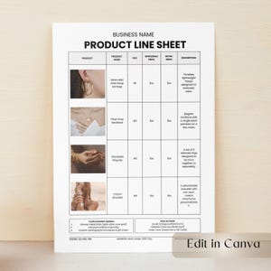 Peut inclure: Feuille de gamme de produits avec images et descriptions. Comprend des boucles d'oreilles créoles minimalistes, un collier goutte de perle, un ensemble de bagues empilables et un bracelet à breloques. Options de personnalisation et coordonnées.