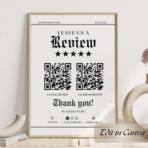 Deixe uma avaliação Canva Template Business Sign, A4 Editável QR Code Review Sign, Melhore a reputação empresarial, Carta dos EUA estilo jornal vintage