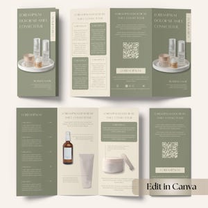 May include: Brochure design featuring skincare products. The brochure is in shades of green and beige, with text including "Lorem Ipsum" and "Business Name." The design includes images of bottles, jars, and tubes of skincare products.