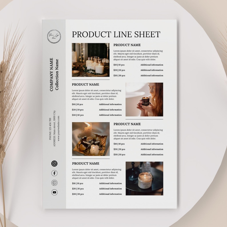Puede incluir: Una hoja de l&iacute;nea de productos titulada "PRODUCT LINE SHEET" con el nombre de la empresa y la colecci&oacute;n a la izquierda. Muestra im&aacute;genes de productos, nombres y precios. La hoja tambi&eacute;n incluye un n&uacute;mero de tel&eacute;fono y una direcci&oacute;n web. Medidas en cm.