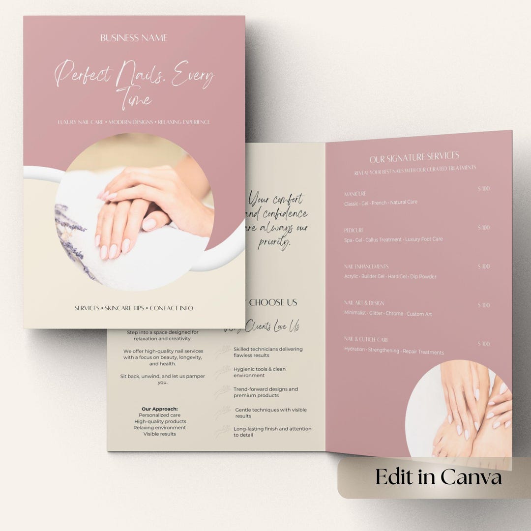 Nail Salon Bifold Canva Template, Editable Beauty Brochure, Manicure ...