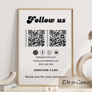 Follow us Printable Sign Canva Template, Social Media Sign, Small Business QR Code Sign, Instagram Sign, Scan to follow, Edit With Canva