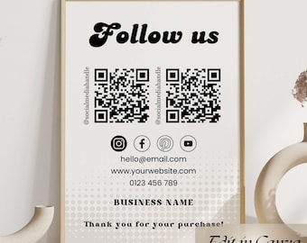 Follow us Printable Sign Canva Template, Social Media Sign, Small Business QR Code Sign, Instagram Sign, Scan to follow, Edit With Canva