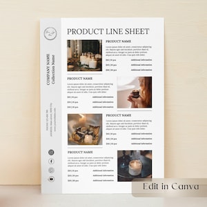 Könnte beinhalten: Ein Produktlinienblatt mit dem Text „PRODUCT LINE SHEET“ und „Edit in Canva“. Das Blatt enthält Abschnitte für Produktnamen, Beschreibungen und Preise. Bilder von Kerzen und einer Person, die eine Kerze hält, sind enthalten.