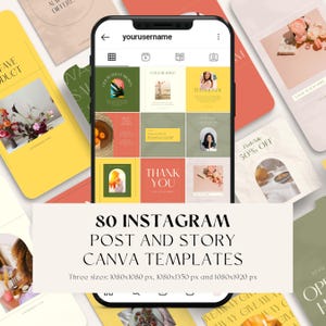 May include: A phone screen displaying a mockup of 80 Instagram post and story Canva templates. The templates feature a variety of colors, including green, yellow, orange, and pink. The text "80 INSTAGRAM POST AND STORY CANVA TEMPLATES" is displayed in bold, black font. The text "Three sizes: 1080x1080 px, 1080x1350 px and 1080x1920 px" is displayed in a smaller, black font.