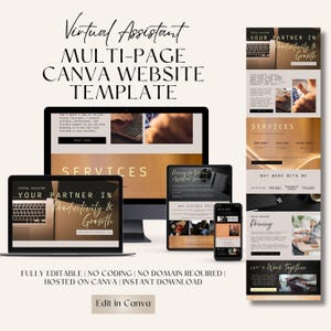 Könnte beinhalten: Eine mehrseitige Canva-Website-Vorlage für virtuelle Assistenten, angezeigt auf einem Laptop, Desktop, Tablet und Telefon. Das Design zeigt goldfarbenen und weißen Text mit den Worten "Virtual Assistant" und "Edit in Canva".