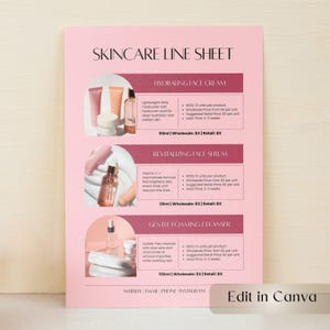 May include: A pink skincare line sheet with product descriptions and images. The sheet includes information on hydrating face cream, revitalizing face serum, and gentle foaming cleanser. The sheet also includes the text "Edit in Canva".