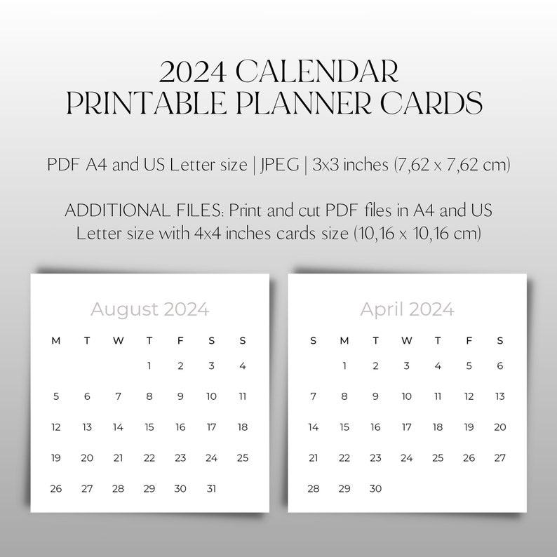 2024 Planner, Mini Calendar Printable, Calendar Cards 2024, Scrapbook