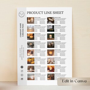 May include: A product line sheet with the text "PRODUCT LINE SHEET" at the top. The sheet includes multiple product images with sections for product names and additional information. The sheet also includes the text "COMPANY NAME Collection Name" and "Edit in Canva".