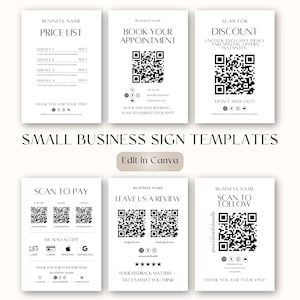 Puede incluir: Una colección de plantillas de letreros para pequeñas empresas en blanco con texto negro. Los letreros incluyen una lista de precios, reserva de citas, escaneo de descuentos, opciones de pago, solicitud de revisión y un aviso de seguimiento. Se muestra la frase "Small Business Sign Templates".