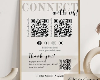 Plantilla de letrero para redes sociales, código QR de Canva, imprimible, conéctate con nosotros, síguenos en redes sociales, código QR, letrero editable para pequeñas empresas.