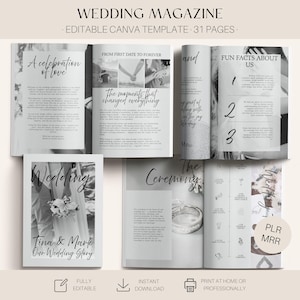Può includere: Un modello di rivista di matrimonio in bianco e nero con il testo "WEDDING MAGAZINE" e "EDITABLE CANVA TEMPLATE - 31 PAGES." La rivista include il testo "A celebration of love," "FROM FIRST DATE TO FOREVER," e "FUN FACTS ABOUT US."