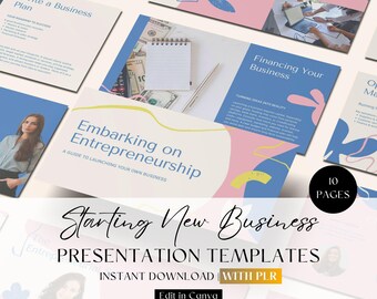 May include: A collection of presentation templates for starting a new business, with a pink, blue, and white color scheme. The templates include titles such as "Write a Business Plan" and "Financing Your Business". The text "Instant Download" is also visible.