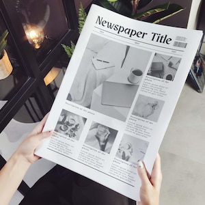 May include: A black and white newspaper mockup with the title "Newspaper Title" and several images of various objects. Each image has a caption that reads "Description of the photo" followed by a short paragraph of text.