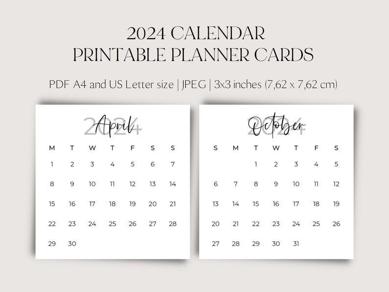 Mini Calendar 2024, Calendar Cards, Printable Calendar PDF, Instant