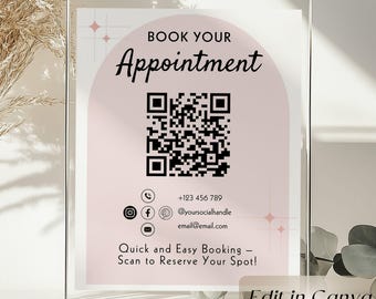 Appointment Sign Canva Template, Pink Editable QR Code Booking Sign, A4 & US Letter, Printable Business Schedule