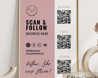 Canva Social Media Printable Sign, Follow Us Poster Template, Small Business Sign, QR Code Sign, Instagram Sign, Follow Us, Edit With Canva