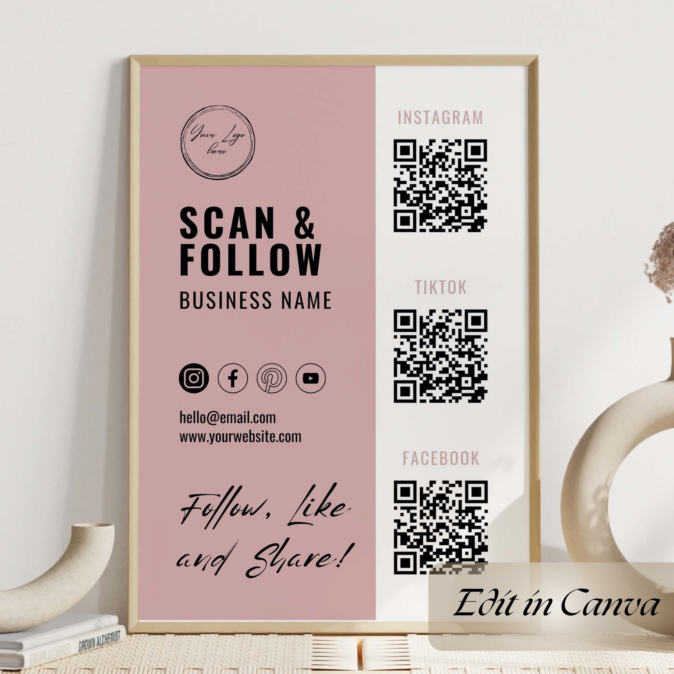 Canva Social Media Printable Sign, Follow Us Poster Template, Small Business Sign, QR Code Sign, Instagram Sign, Follow Us, Edit With Canva