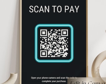 Schwarzes Scan-to-Pay-Schild, dunkle bearbeitbare Canva-Vorlage für kleine Unternehmen, QR-Code-Zahlungsschild, Sofort-Download